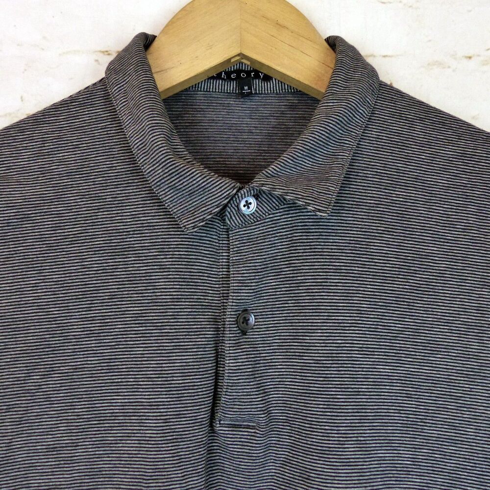 Theory Polo Shirt Mens M Black Gray Stripes Bron Armington Preppy Golf Dad FLAW